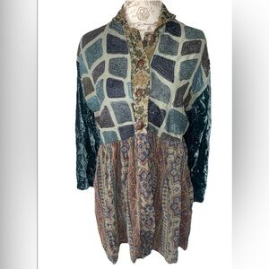 Vintage URU Lagenlook Patchwork Velvet Button Up Tunic Art To Wear Boho One size